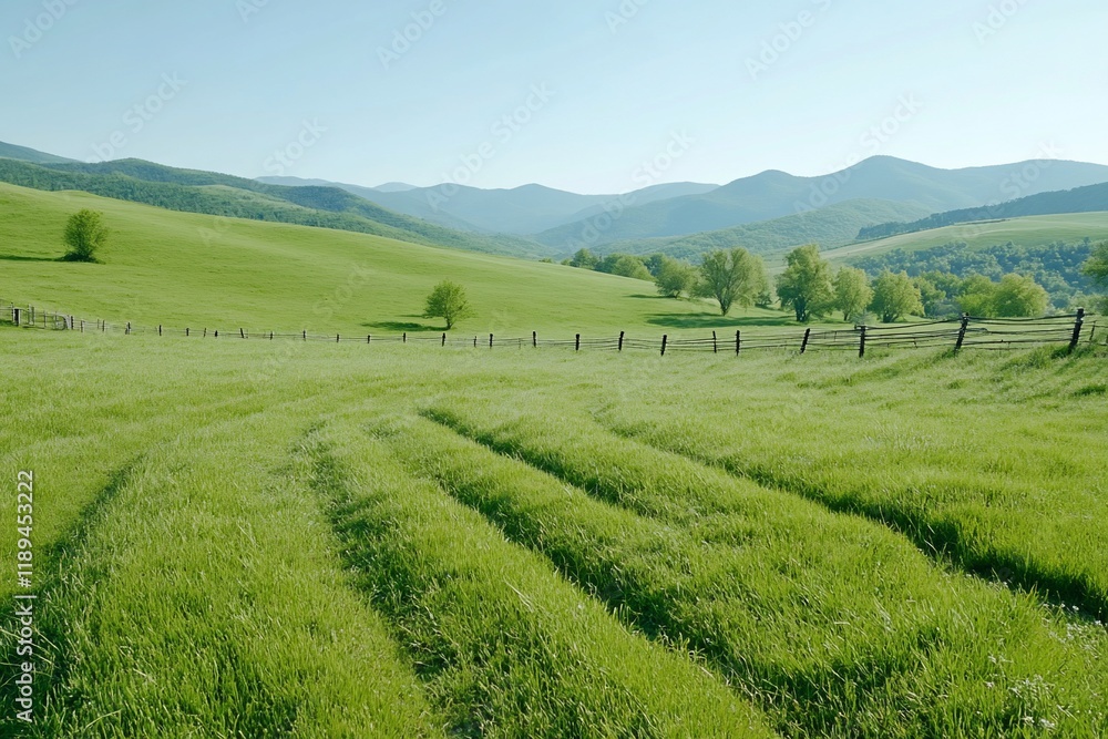 Lush green valley, rolling hills, farmland, sunny day, peaceful landscape, nature, background, idyllic Lush green valley, rolling hills, farmland, sunny day, peaceful landscape, nature, background, idyllic