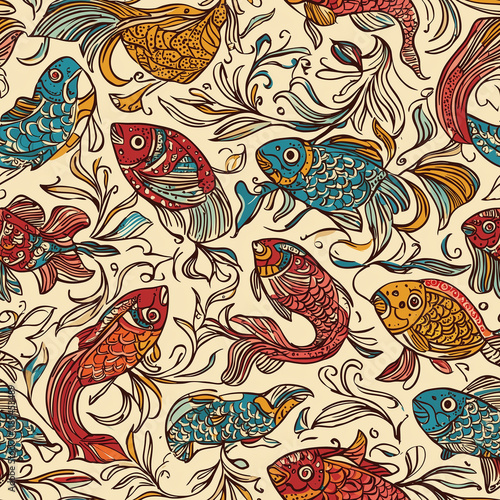 Exploring kalamkari ancient textile printing seamless patterns featuring fish motifs vibrant colors and traditional designs in a lively setting photo