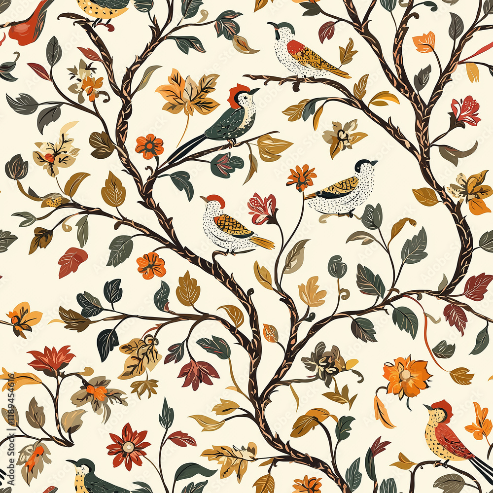 Kalamkari seamless pattern of ancient textile printing with birds and flowers vibrant colors traditional art intricate design Kalamkari seamless pattern of ancient textile printing with birds and flowers vibrant colors traditional art intricate design