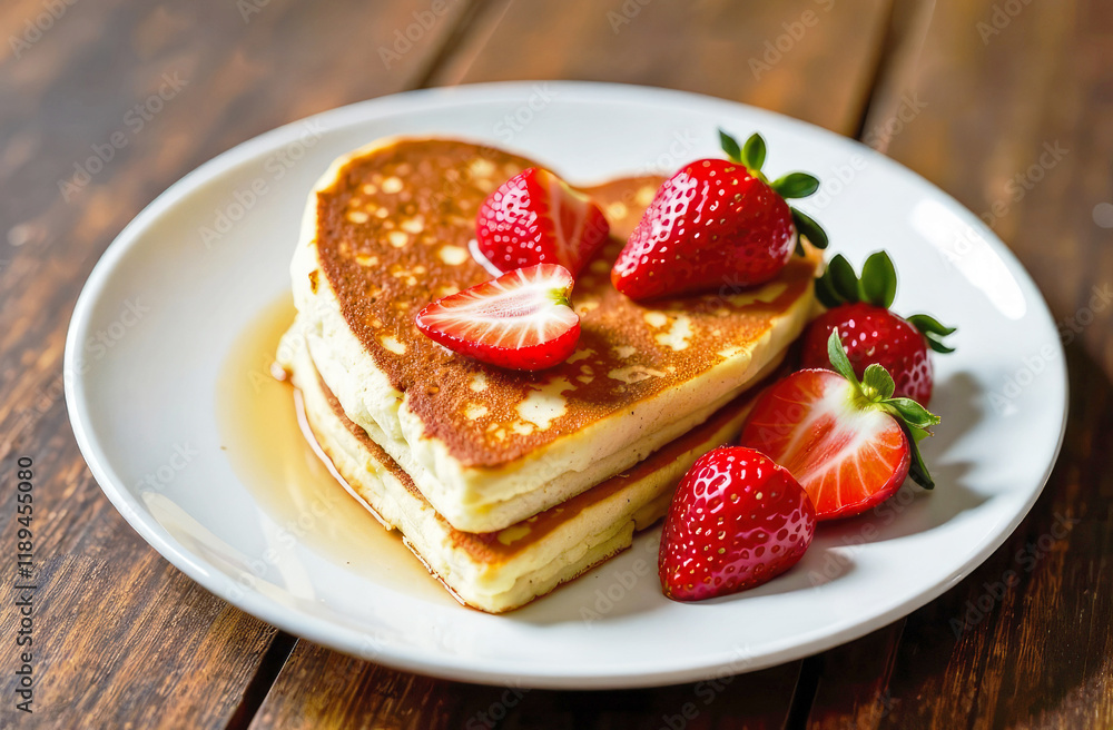 Stack of fluffy pancakes with syrup on white plate, decorated with strawberry on wooden table. Homemade present for Saint Valentine day. Copy space. Stack of fluffy pancakes with syrup on white plate, decorated with strawberry on wooden table. Homemade present for Saint Valentine day. Copy space.