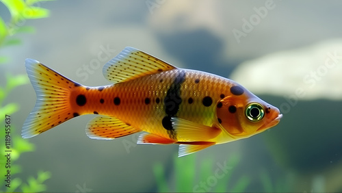 Aquarium fish. Puntius (Barbodes) dunckeri  the bigspot barb, is a species of cyprinid fish native to Malaysia where it inhabits acidic swamps. This species can also be found in the aquarium trade. photo