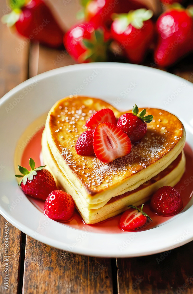 Stack of fluffy pancakes with syrup on white plate, decorated with strawberry on wooden table. Homemade present for Saint Valentine day. Copy space. Stack of fluffy pancakes with syrup on white plate, decorated with strawberry on wooden table. Homemade present for Saint Valentine day. Copy space.