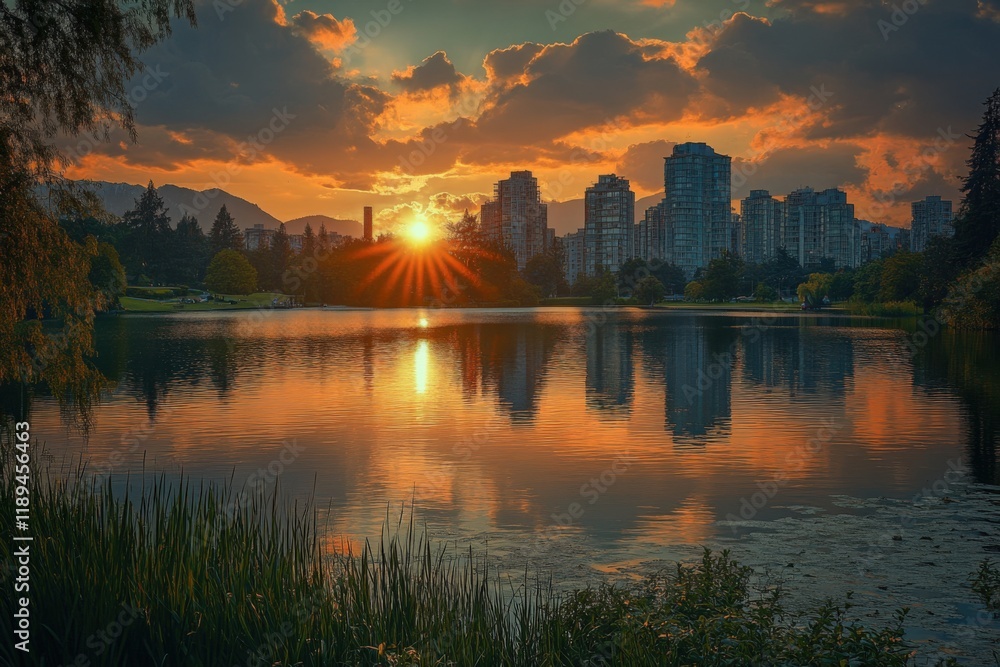 Fototapeta premium Sunset over a lake with a city skyline
