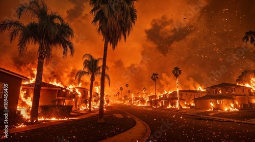 Wildfire burning homes in residential area with palm trees
