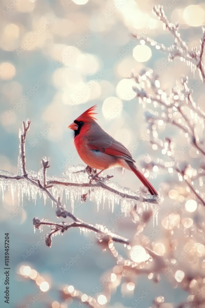 A northern cardinal perched on an ice-covered branch A northern cardinal perched on an ice-covered branch