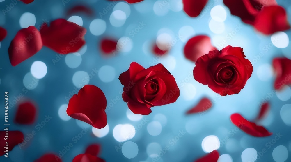 Floating red roses and petals on a bokeh background. Floating red roses and petals on a bokeh background.