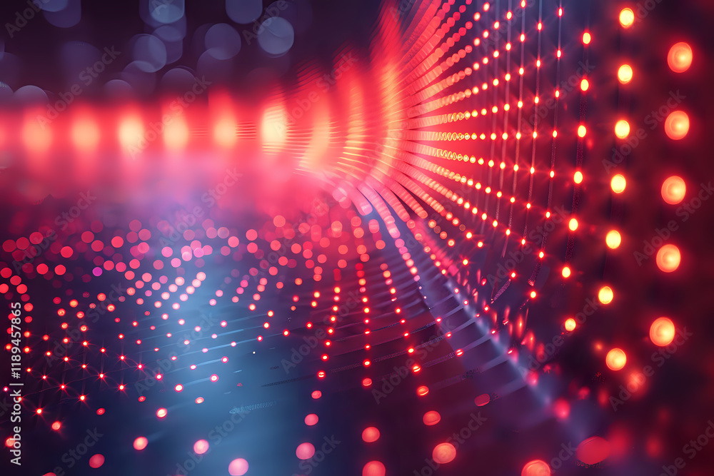 Abstract red light dots forming curved perspective tunnel with bokeh effect. Dynamic digital background perfect for technology, innovation, and future concept designs. Abstract red light dots forming curved perspective tunnel with bokeh effect. Dynamic digital background perfect for technology, innovation, and future concept designs.