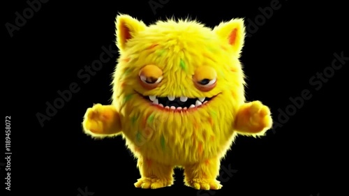Cute Yellow Fluffy Monster Cartoon Character 3D Animation Loop - Happy Grinning Monster Dances Joyfully on Transparent Background -  Motion Graphics Stock Footage