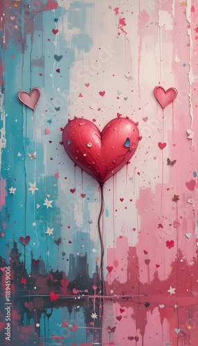Romantic Heart Balloon Scene with Floating Hearts and Butterflies