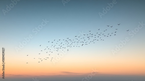 flock of migratory birds flying in v-formation against clear evening sky with faint clouds in distance
