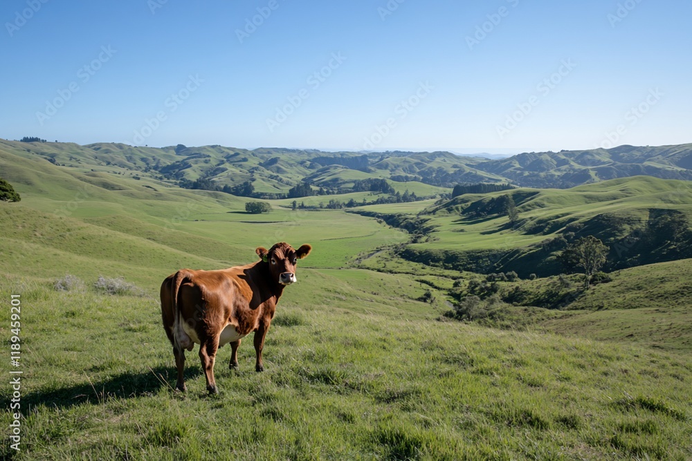 Cow in rolling green pasture, sunny day. Rural farmland landscape. Use agriculture, travel Cow in rolling green pasture, sunny day. Rural farmland landscape. Use agriculture, travel
