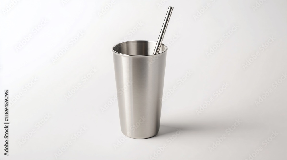 Stainless steel tumbler with metal straw on white background. Stainless steel tumbler with metal straw on white background.