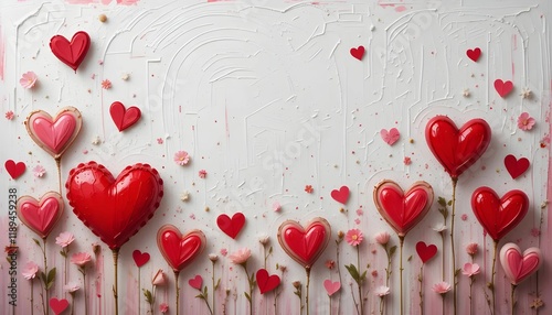 Romantic Valentine’s Day Illustration with Heart-Shaped Balloons and Delicate Flowers