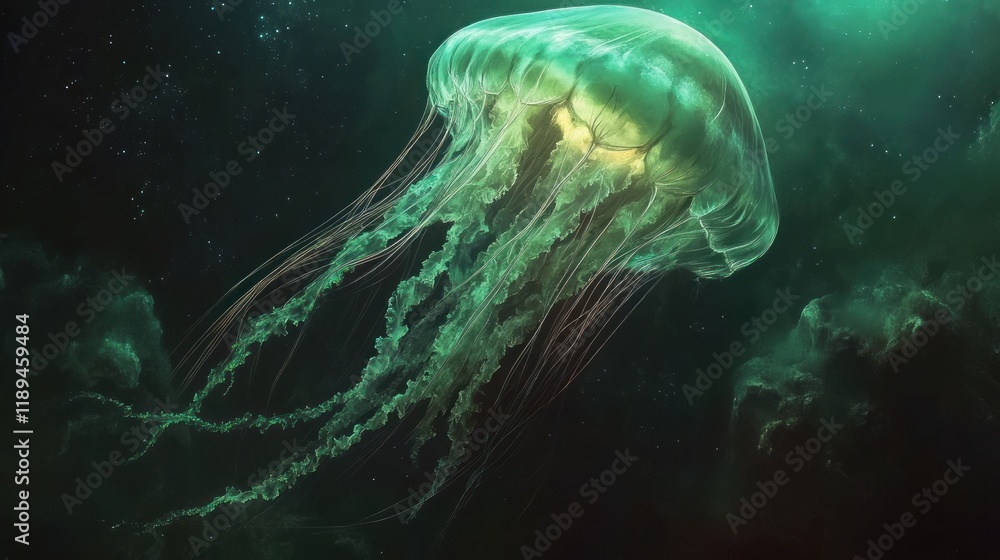 Glowing green jellyfish in dark underwater scene. Glowing green jellyfish in dark underwater scene.