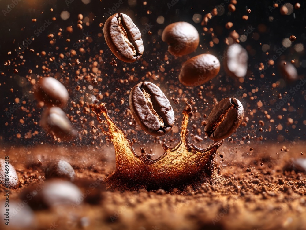 coffee beans falling with a splash in coffee grounds coffee beans falling with a splash in coffee grounds