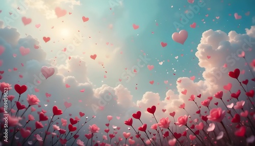Whimsical Romantic Scene with Floating Hearts and Fluffy Clouds