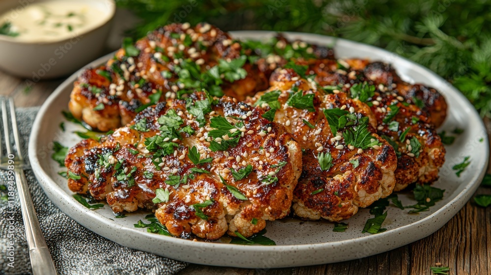 Roasted cauliflower steaks with parsley sesame lemon tahini on plate Roasted cauliflower steaks with parsley sesame lemon tahini on plate