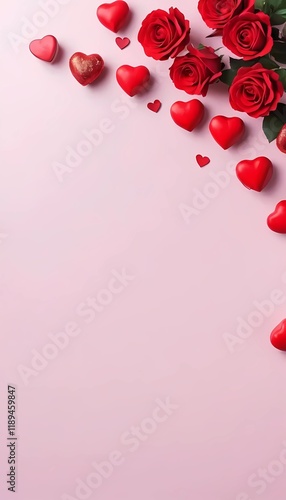 Red Roses and Hearts on a Soft Pink Background for Valentine's Day