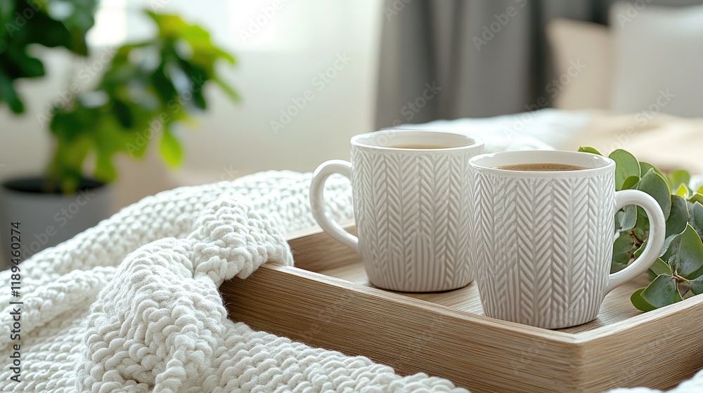Two white coffee cups sit on a heart-shaped tray, surrounded by fresh white sheets and warmed by gentle sunlight Two white coffee cups sit on a heart-shaped tray, surrounded by fresh white sheets and warmed by gentle sunlight