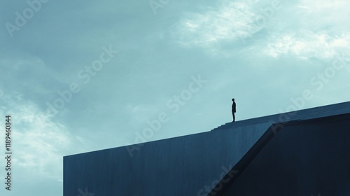 A lone silhouette stands on the edge of a skyscraper rooftop, framed by a vast sky, evoking tension, ambition, and human resilience amid urban spaces. photo