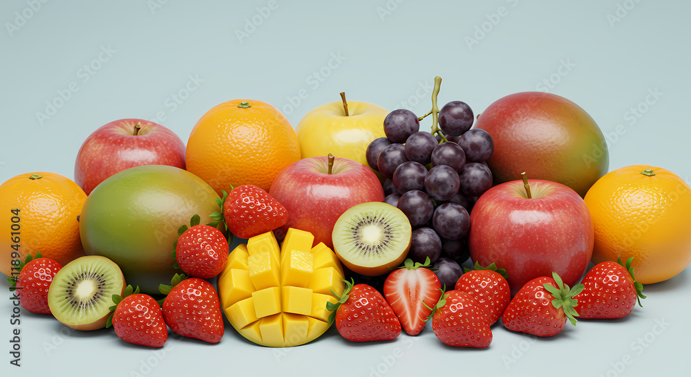Fresh Fruit Still Life Apples Oranges Mango Kiwi Strawberries Grapes Fresh Fruit Still Life Apples Oranges Mango Kiwi Strawberries Grapes