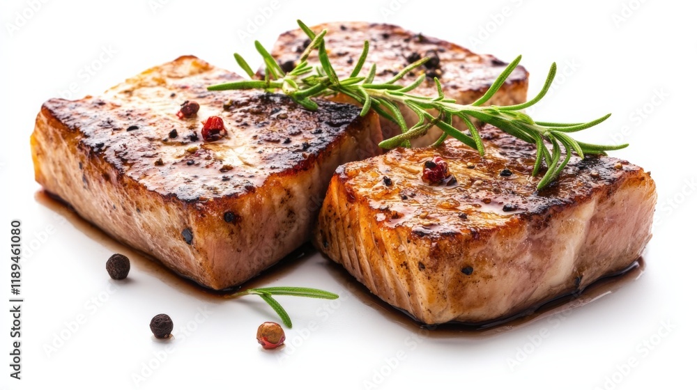 three grilled steaks with rosemary and peppercorns on a white background three grilled steaks with rosemary and peppercorns on a white background