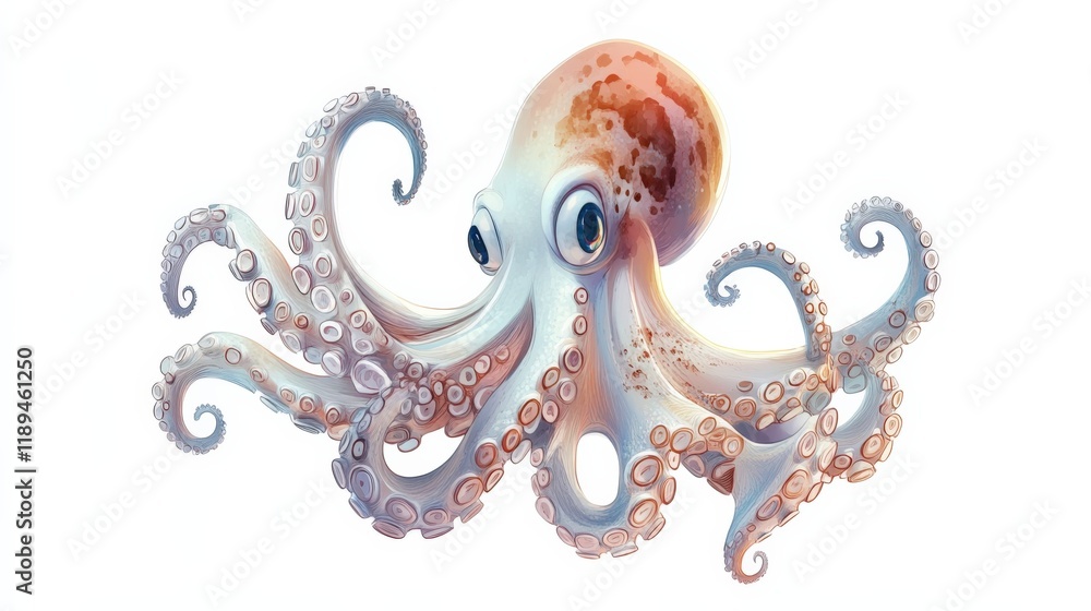 Obraz premium An octopus with blue tentacles swims in a white background.