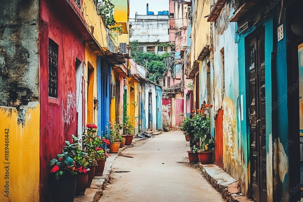 Fototapeta premium Colorful alleyway with vibrant painted buildings, potted plants, and a narrow pathway.