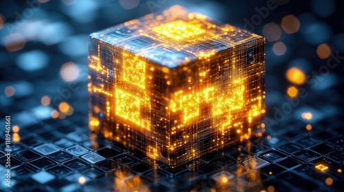 A 3D cube surrounded by glowing neon lines, rotating and casting colorful light reflections. photo