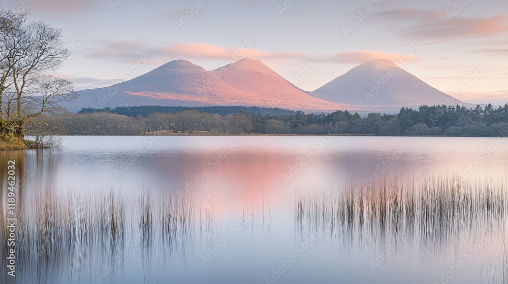 Serene Sunset Landscape- Mountains Reflected in Calm Lake Serene Sunset Landscape- Mountains Reflected in Calm Lake