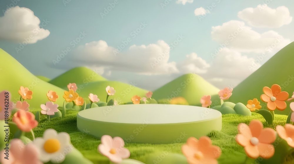 Pastel green platform in a cartoon spring landscape with flowers and hills.