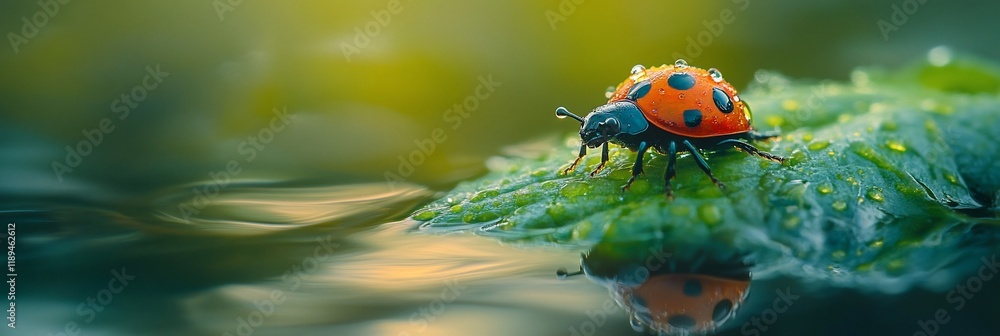 Ladybug on a dew-covered leaf near water. Ladybug on a dew-covered leaf near water.