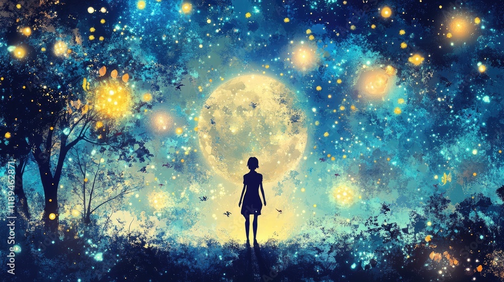Fototapeta premium A silhouette of a girl stands against a starry night with a large moon and glowing elements.