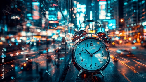 Classic alarm clock in a vibrant city at night.