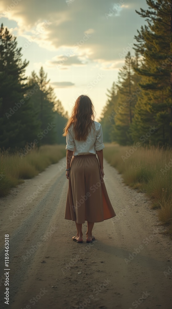 Rear View of a Woman Standing on an Open Road, Representing Exploration, Freedom, and Inner Peace in a Simple Yet Captivating Scene Rear View of a Woman Standing on an Open Road, Representing Exploration, Freedom, and Inner Peace in a Simple Yet Captivating Scene