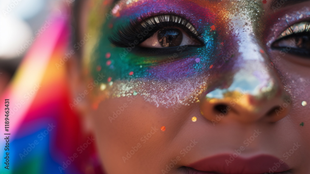 Pride theme, a close up of a person's face painted with rainbow color, LGBTQ+ Pride theme, a close up of a person's face painted with rainbow color, LGBTQ+
