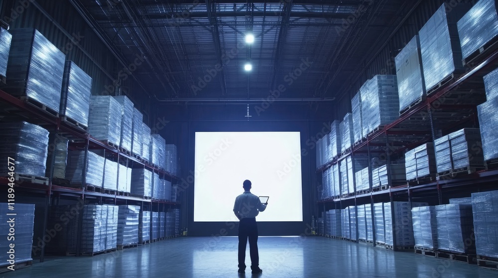 Manager reviewing inventory in large warehouse. Manager reviewing inventory in large warehouse.