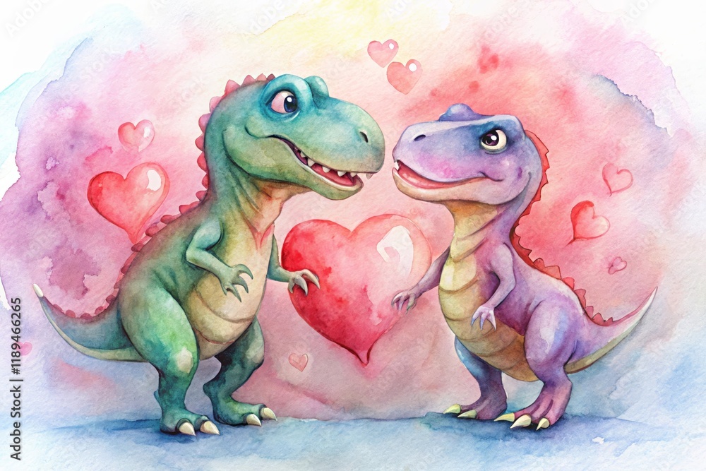 Fototapeta premium Cute T-Rex Couple Valentine's Day - Adorable watercolor painting of two T-Rex dinosaurs, one green and one purple, sharing a heart. Symbolizing love, Valentine's Day, friendship, tenderness, and affec