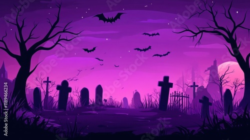 Purple Halloween Night Cemetery Spooky Illustration