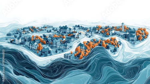 This visual shows how rising sea levels could impact coastal towns, highlighting submerged areas and landscape changes while emphasizing urgent climate concerns