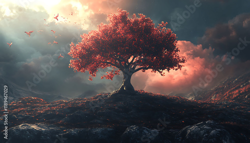 A lone tree with glowing red leaves in a foggy, mysterious landscape. The scene feels surreal and atmospheric. magical tree concept. photo