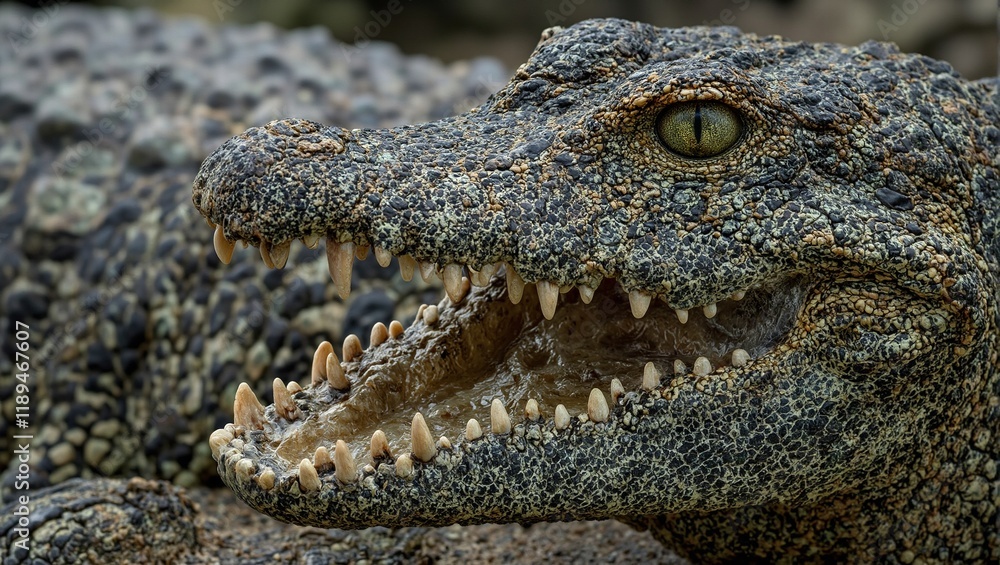 Obraz premium Detailed close up of a crocodiles teeth and rugged textured skin in earthy tones exuding power and resilience