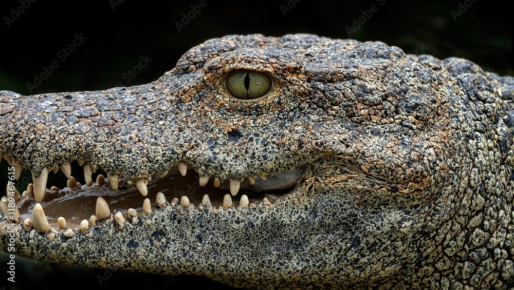 Fototapeta premium Detailed close up of a crocodiles teeth and rugged textured skin in earthy tones exuding power and resilience