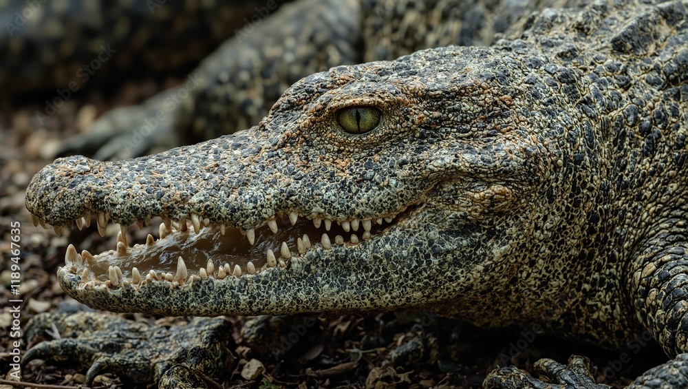 Fototapeta premium Detailed close up of a crocodiles teeth and rugged textured skin in earthy tones exuding power and resilience
