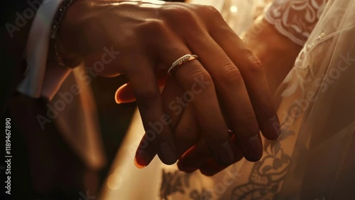 two left hands of newlyweds with wedding rings, close-up, realistic photo