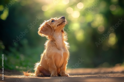 Adorable longhaired miniature dachshund puppy sitting outdoors, looking up at sunset. photo