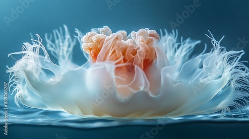 Close-up of a jellyfish underwater, showcasing its translucent bell and delicate tentacles. photo