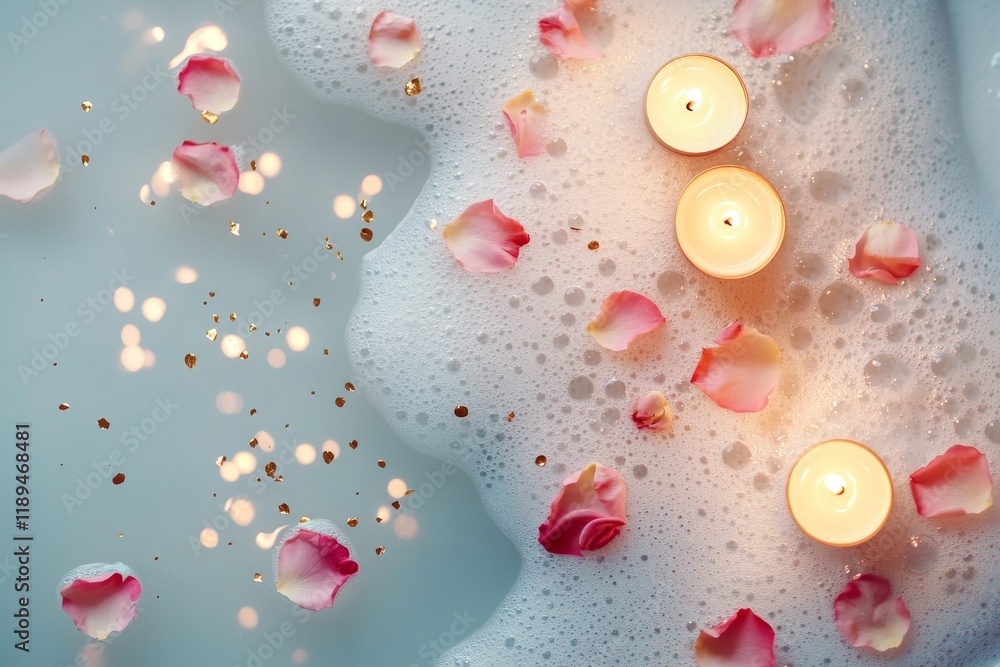 Naklejka premium A relaxing bath with rose petals, candles, and gold confetti
