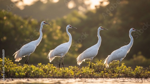 Four whooping cranes walk in a line at sunrise. photo