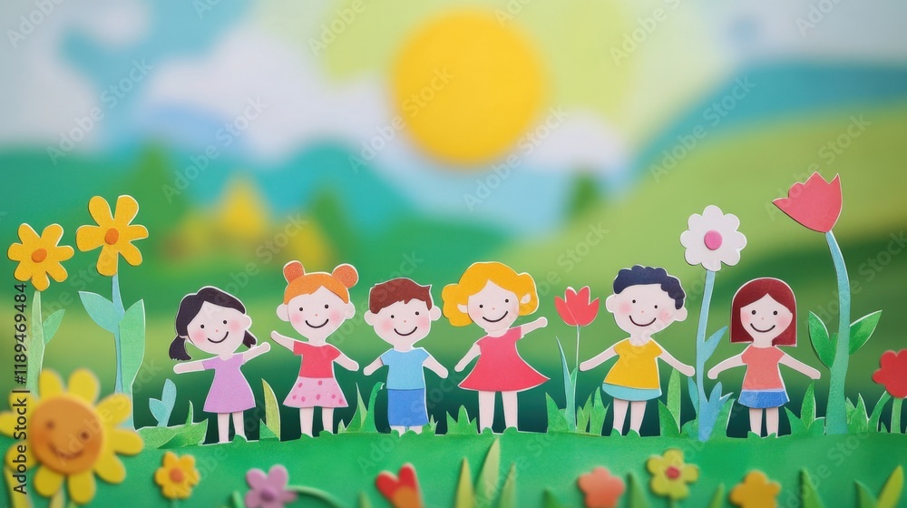 group of cartoon children standing together in a field group of cartoon children standing together in a field